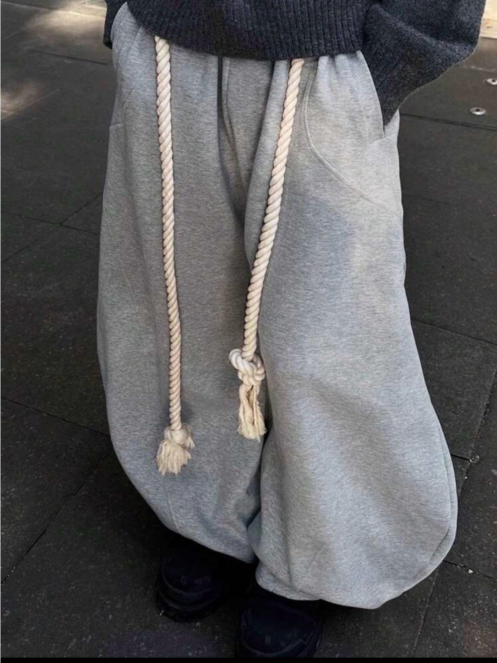 Gray Wide-Leg Sweatpants with Rope Drawstring